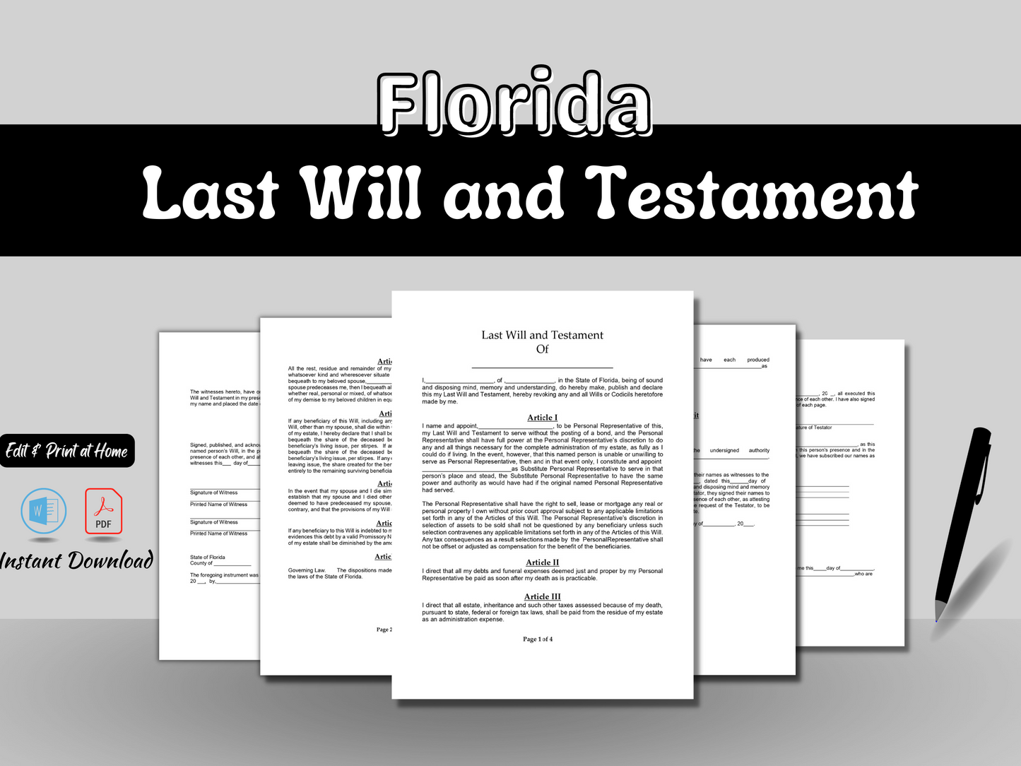 Florida Last Will and Testament | Editable Word Document and Fillable PDF | DIY Attorney Sample Template | Printable Legal Downloads Form | Easy to Use - Drafted by an Attorney |