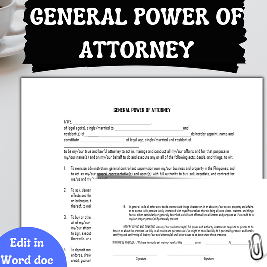 General Power of Attorney | Editable Template in Word Document | Easy to use - Contract Power of Attorney (POA) | Legal Customized Downloads | Easy to Use - Drafted by an Attorney |