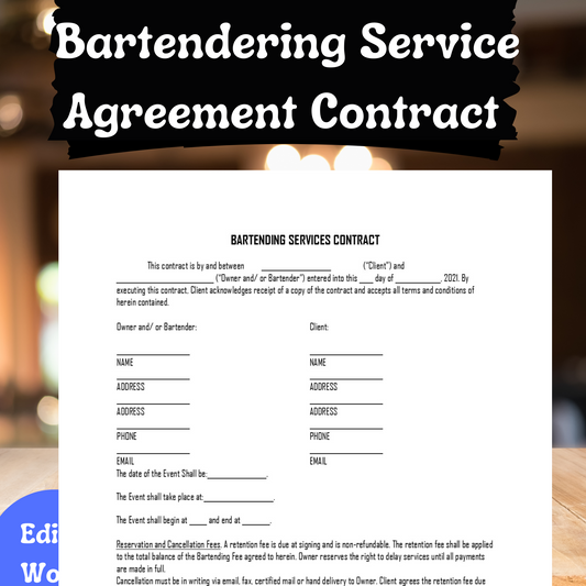 Bartender Service Agreement Contract Template | Simple Self-Editable Attorney Contract | Easy to Use - Drafted by an Attorney |