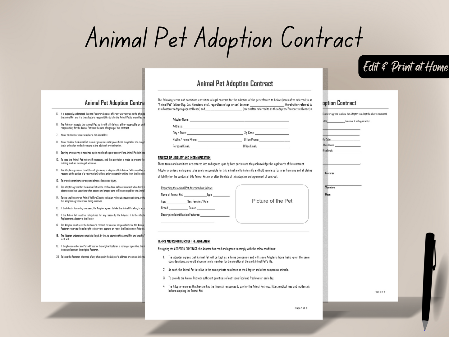 Pet Adoption Contract Agreement | Editable in Word Template | Simple Contract for Adopting Animal Pet | Puppy Kitten Sales Agreement | Easy to Use - Drafted by an Attorney |