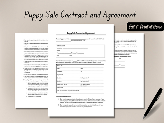 Puppy Sales Agreement Contract | Dog Bill of Sale Contract | Edit in Word | Simple Contract for Sale of Animal Pet | Instant Printable PDF | Easy to Use - Drafted by an Attorney |