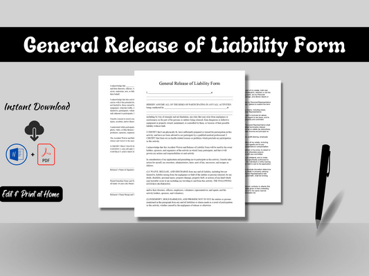 General Liability Waiver Form | Edit in Word Doc | Printable Legal Contract | PDF Download | Liability Release Form | Indemnity Form | Easy to Use - Drafted by an Attorney |