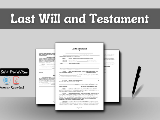 Last Will and Testament | Editable in Word Document | Printable Legal PDF | Customizable Downloads Forms | DIY Attorney Living Will Sample | Easy to Use - Drafted by an Attorney |