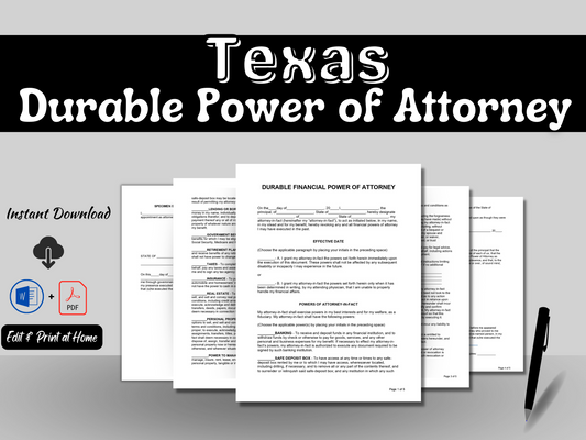 Texas Durable Financial Power of Attorney | Editable Template in Word Doc | Easy to Use - Durable Power of Attorney (DPOA) Statutory |