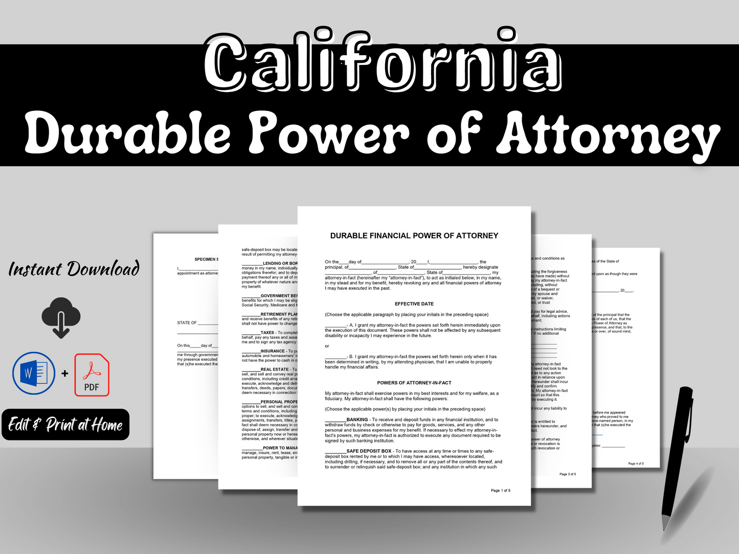 California Durable Financial Power of Attorney | Editable Template in Word Doc | Easy to Use - Finance Power of Attorney (DPOA) Statutory | Easy to Use - Drafted by an Attorney |