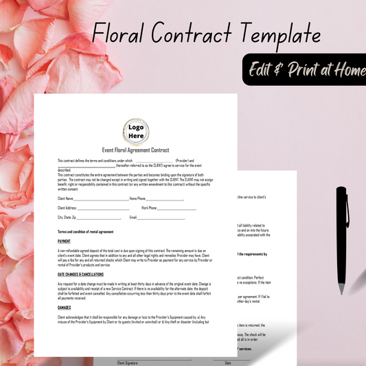 Floral Agreement Contract Template | Floral Décor Contract |Simple Self-Editable Attorney Contract | Wedding Events Florist Service Template | Easy to Use - Drafted by an Attorney |