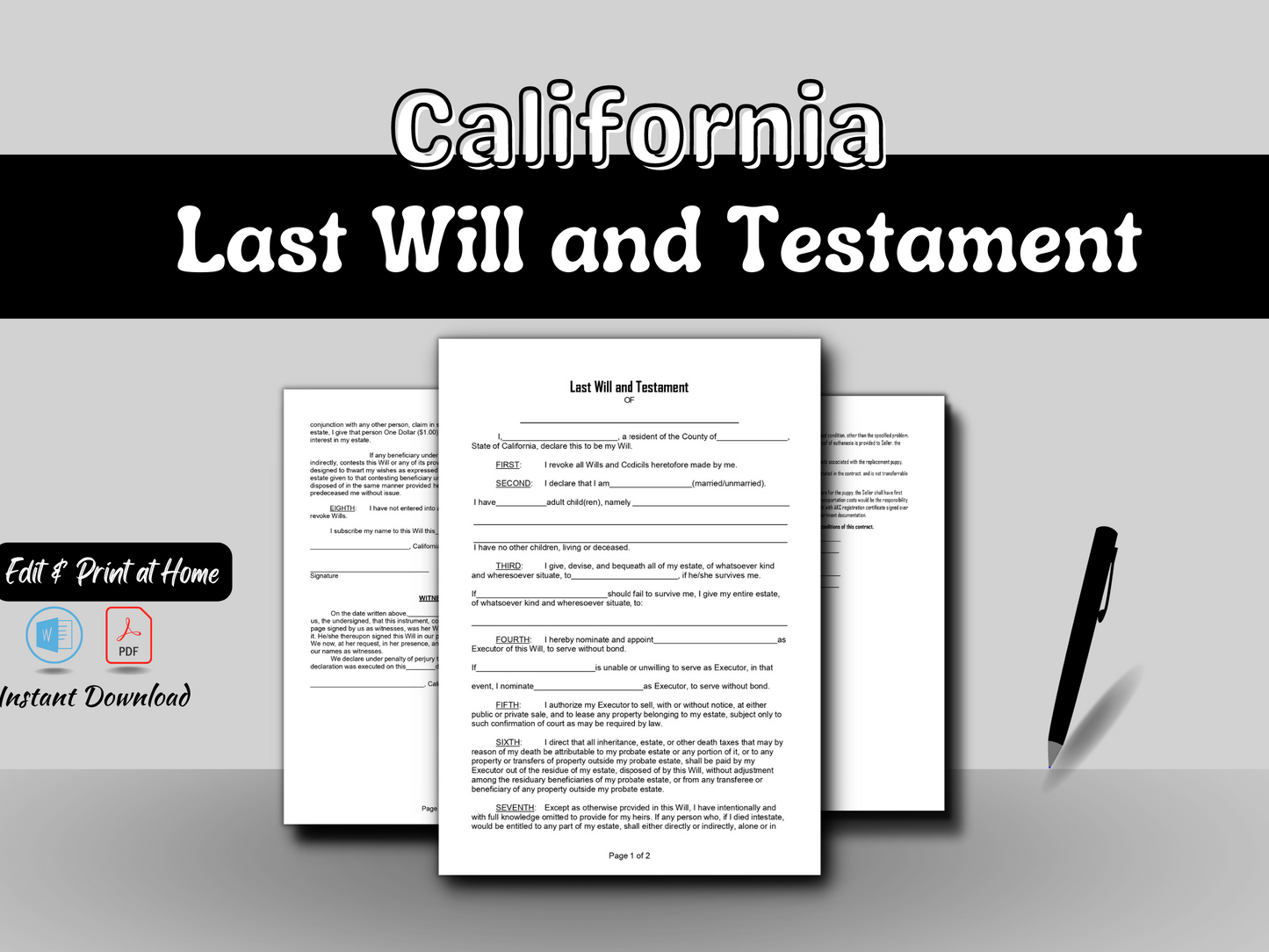 California Last Will and Testament | Editable in Word Document | Printable Legal PDF | Customizable Downloads Forms | Easy to Use - Drafted by an Attorney |